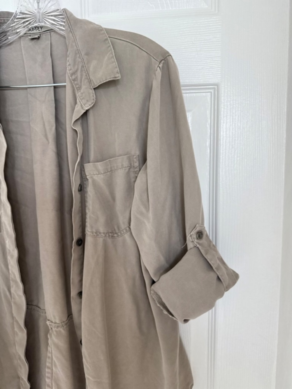 Supply Taupe Utility Button Up Shirt Large Roll Tab Sleeve Safari Casual Oversiz - Picture 6 of 6